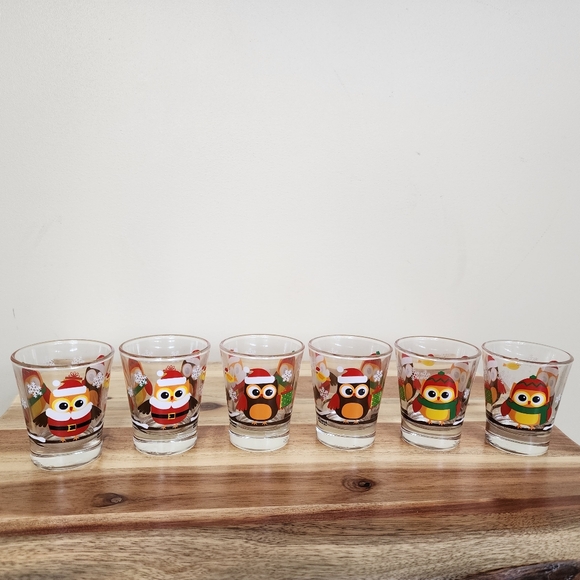 CERVE Made in Italy Christmas Owl Shot Glasses - Set of 6 - Picture 1 of 9